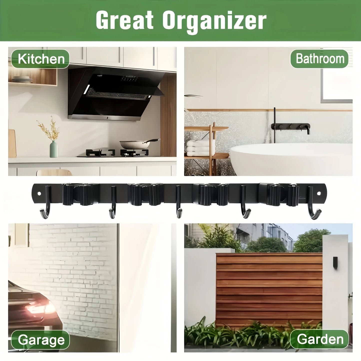 Heavy-Duty Metal Tool Rack with 4 Slots & 5 Hooks – Black
