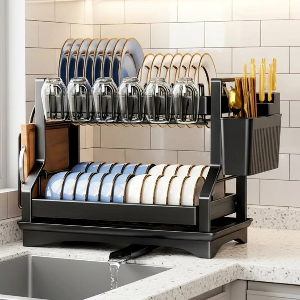 Double Layer Dish Drying Rack – Kitchen Organizer with Utensil & Cup Holder