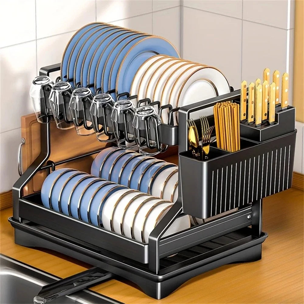 Double Layer Dish Drying Rack – Kitchen Organizer with Utensil & Cup Holder
