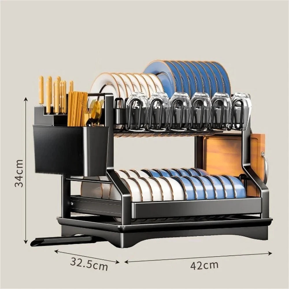 Double Layer Dish Drying Rack – Kitchen Organizer with Utensil & Cup Holder