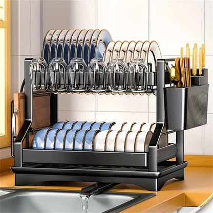 Double Layer Dish Drying Rack – Kitchen Organizer with Utensil & Cup Holder