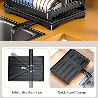 Double Layer Dish Drying Rack – Kitchen Organizer with Utensil & Cup Holder