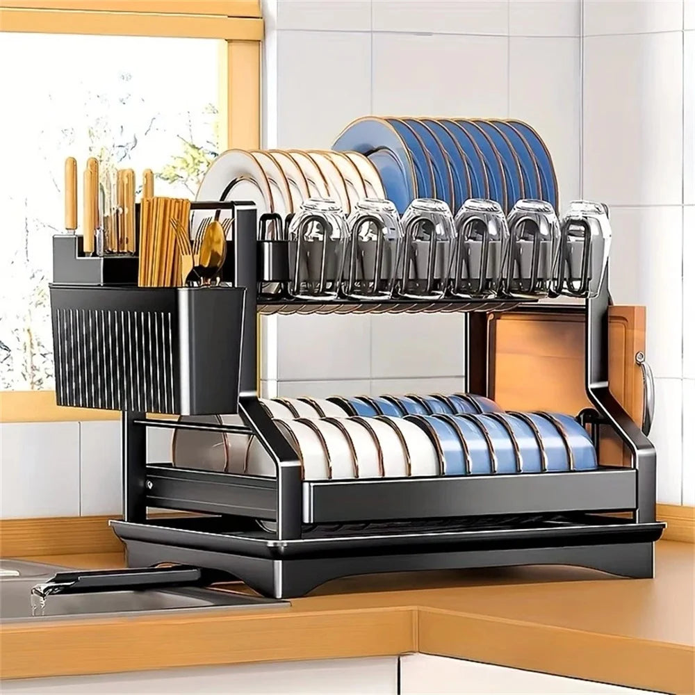 Double Layer Dish Drying Rack – Kitchen Organizer with Utensil & Cup Holder