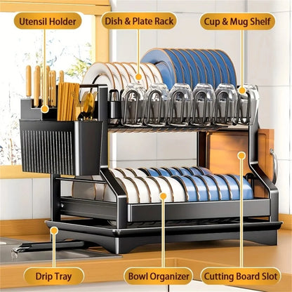 Double Layer Dish Drying Rack – Kitchen Organizer with Utensil & Cup Holder