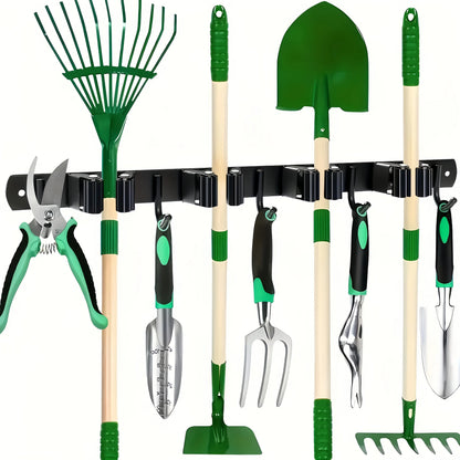 Heavy-Duty Metal Tool Rack with 4 Slots & 5 Hooks – Black