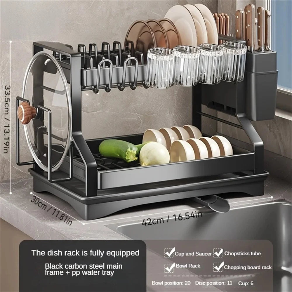 Double Layer Dish Drying Rack – Kitchen Organizer with Utensil & Cup Holder