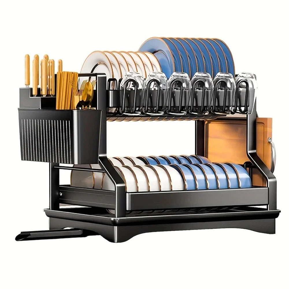 Double Layer Dish Drying Rack – Kitchen Organizer with Utensil & Cup Holder