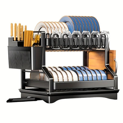 Double Layer Dish Drying Rack – Kitchen Organizer with Utensil & Cup Holder