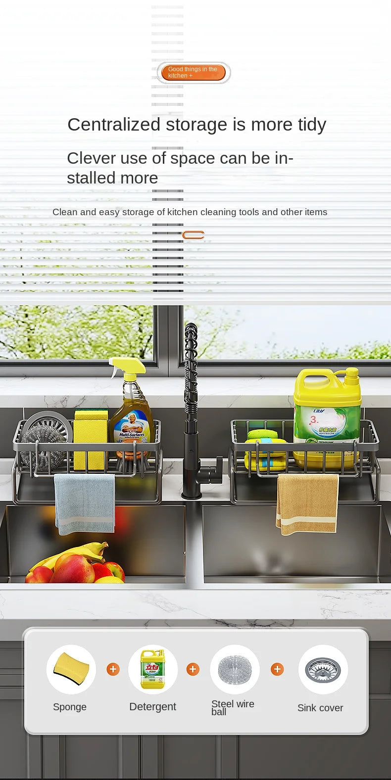 Stainless Steel Sink Caddy – Kitchen Sponge & Dishcloth Drainage Rack